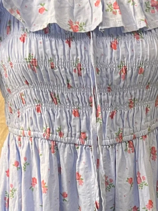 R Vivimos Blue Floral Cottagecore Dress Large 12 14 Milkmaid Puff Sleeve Smocked - Picture 9 of 9